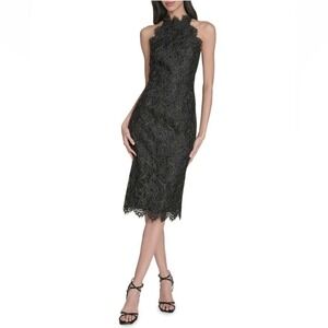 Eliza J Women's Metallic‎ Eyelash Lace Midi-Dress, Black/Gold, Size 16, NWOT